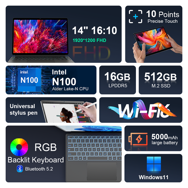 Ninkear Laptop T40 14-inch IPS Full HD Touch Screen Intel Processor N100 16GB DDR5 + 512GB SSD 2-in-1 Windows 11 Notebook